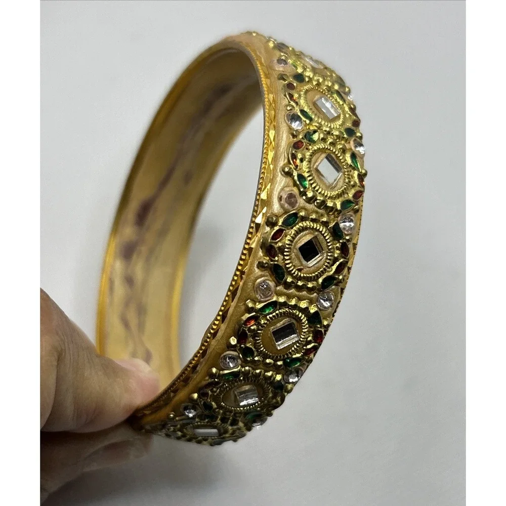 Vintage Indian Kundan Style‎ Gold Tone Bangle Bracelet Jewelry Mirror Inlay 8